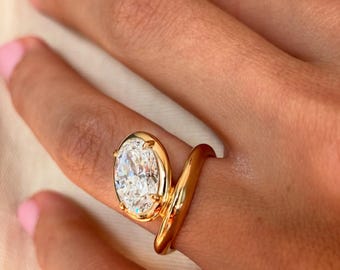 2.75 CT Oval Cut Lab Grown Diamond Ring, Modern Bezel Solitaire Engagement Ring, Twisted Gold Band, Unique Bridal Ring, IGI Certified