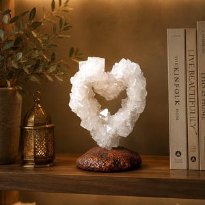 Può includere: Una scultura decorativa a forma di cuore in cristallo. La formazione di cristallo bianco poggia su una base di pietra marrone strutturata. La scultura è esposta su una mensola di legno con libri e una lanterna.