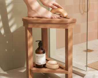 Acacia Wood Corner Shower Stool, Foot Rest for Shaving Legs, Bathroom Shelf