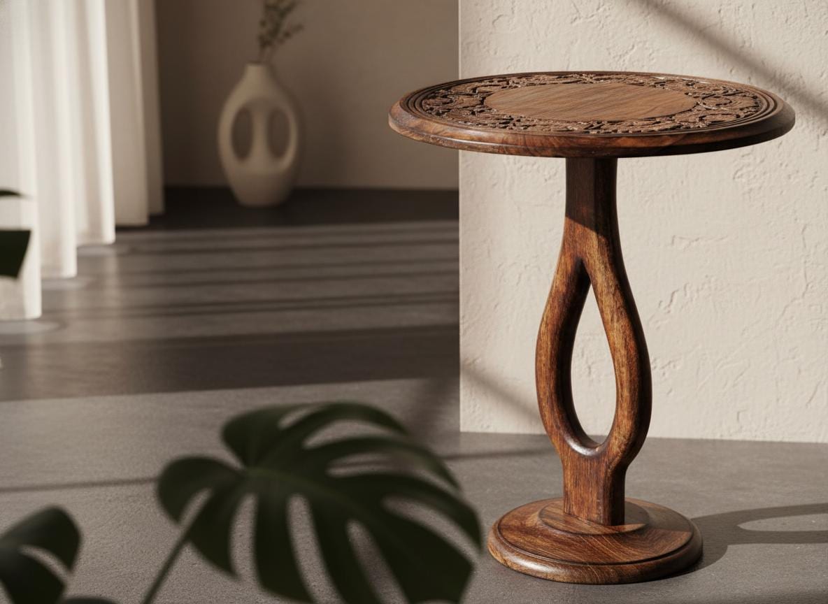 Hand Carved Wood Round Side Table, Burnt Pine Boho Accent Nightstand - Etsy