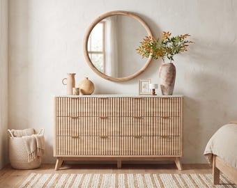 Fluted 6 Drawer Dresser, 54 Inch Modern Chest of Drawers with Faux Marble Top, Natural Oak Wood Storage Cabinet for Bedroom