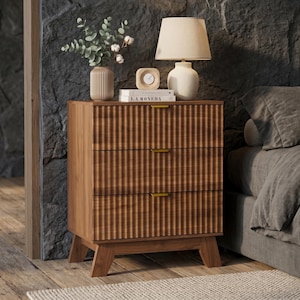 Fluted Nightstand with 3 Drawers, Walnut Bedside Table, Modern Wood Nightstand, Mid Century Side Table, Bedroom Storage Furniture