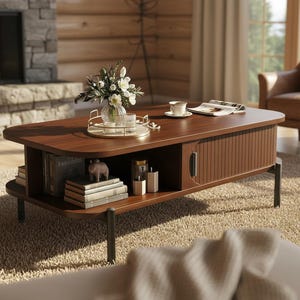 May include: A dark brown wooden coffee table with a rounded top and a lower shelf. The table has a cabinet door on the side and sits on black metal legs. A vase of flowers, books, and decorative items are on the table.