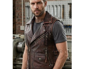 Handgemaakt vintage bruin zwart leren motorbikervest retrovest