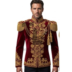 May include: A burgundy velvet jacket with gold embroidery, featuring floral and lion motifs. The jacket has a high collar, gold epaulets, and decorative tassels. A formal garment with a regal aesthetic.