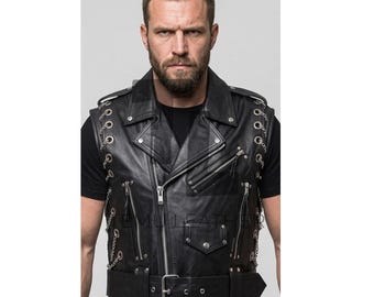 Handgemaakt Brando-bikervest van echt leer met kettingdetail – motorgilet