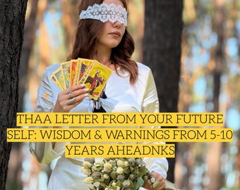 Op de afbeelding: Een persoon in een witte jurk met lange mouwen en een witte kanten blinddoek, met een waaier van tarotkaarten met gouden randen en een boeket gedroogde bloemen. Tekst: 100% REAL HUMAN ENERGY • NO AI GENERATED TEXTS • REAL PHOTO PROOF OF YOUR CARDS INCLUDED. THAA LETTER FROM YOUR FUTURE SELF: WISDOM & WARNINGS FROM 5-10 YEARS AHEADNKS.