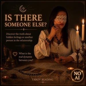 May include: A tarot reading advertisement featuring text that reads IS THERE SOMEONE ELSE? Discover the truth about hidden feelings or another person in the relationship. What is the real dynamic between you? TAROT READING. A person wears a white lace blindfold, a necklace, and bracelets while holding tarot cards near lit candles.