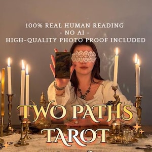 May include: A tarot reading service featuring a person wearing a white lace blindfold and a white top, holding a tarot card. The scene includes brass candle holders with lit white candles, a metallic teapot, and text reading 100% REAL HUMAN READING NO AI HIGH-QUALITY PHOTO PROOF INCLUDED TWO PATHS TAROT READING.