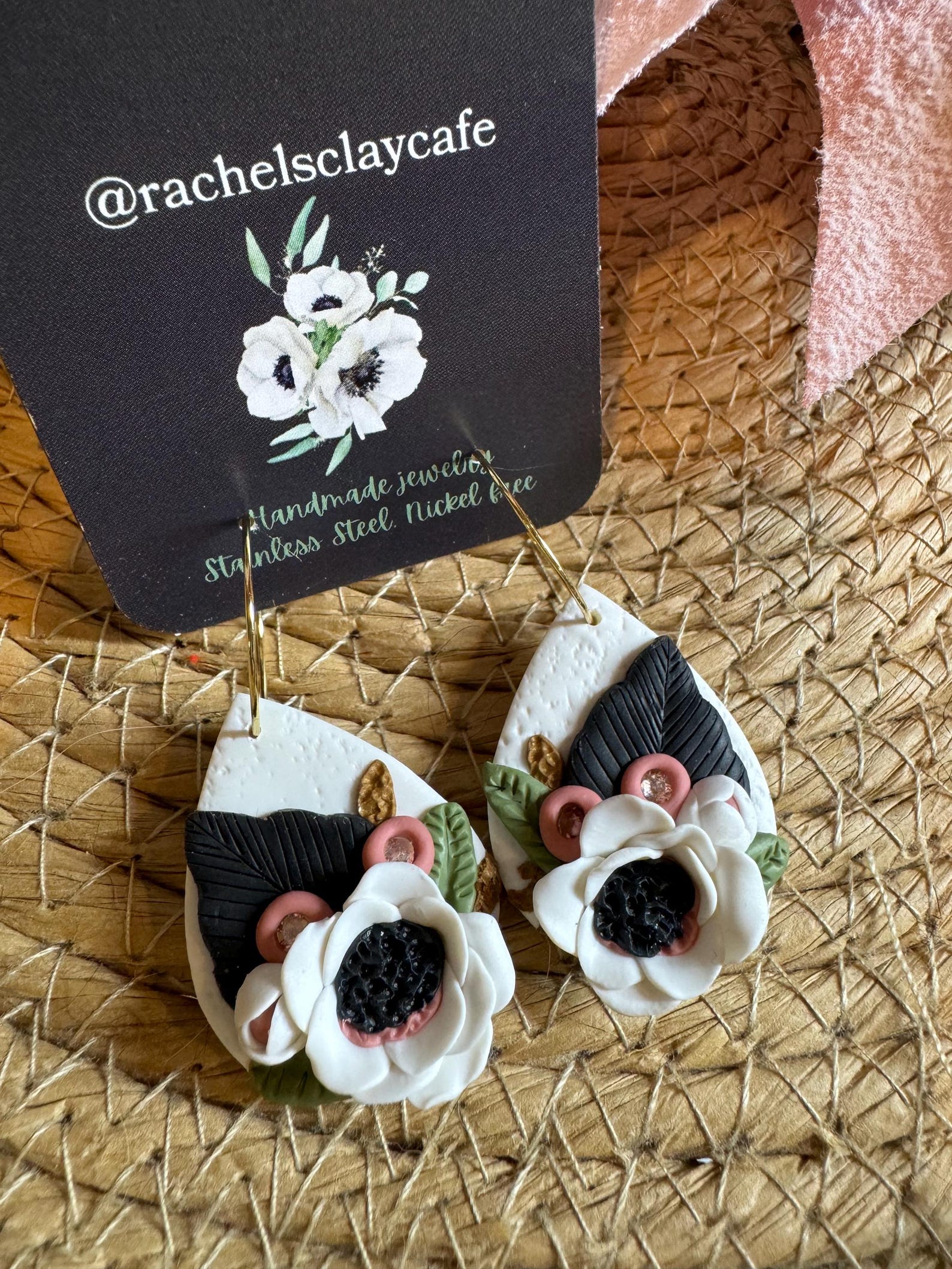 Black, White and Blush Pink Floral Earrings on Hoops Etsy