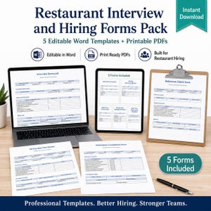 May include: A digital pack of restaurant interview and hiring forms. The image shows a laptop, tablet, clipboard, and printed forms. The forms include an interview scorecard, reference check form, and orientation completion form. The text reads "5 Editable Word Templates + Printable PDFs."