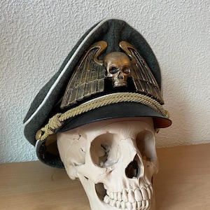 May include: A dark grey military cap featuring a gold skull and wing emblem. The cap has a black visor, gold trim, and white piping. The cap is displayed on a human skull.