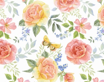 Rose Yardage, Large Multi Tossed, Garden Inspirations, Henry Glass Studios, White, Pink, Green, Blue, Butterfly, Cotton Yardage