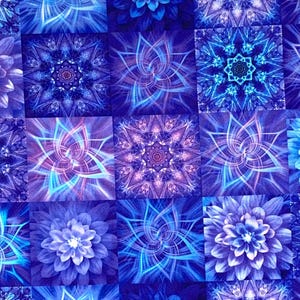 May include: A vibrant, digitally created pattern featuring a grid of squares, each showcasing a unique floral or abstract design in shades of blue and purple. The artwork has a symmetrical arrangement with intricate details.