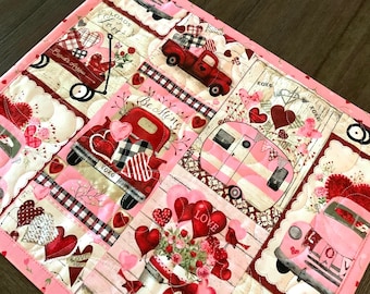 Valentine's Day Hearts Placemats, Pink, Red, Mini Quilts, Set of 2, Handmade