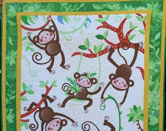 Baby Quilt, Monkey, Jungle, Green, Brown, Beige, Gender Neutral