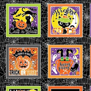 Halloween Fabric Panel: Chills and Thrills Boxes, Glow in the Dark - Benartex