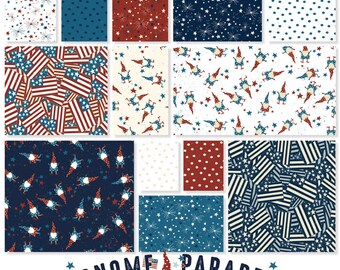 Patriotic Fabric Squares Bundle, Charm Pack, Fabric Stacker, Gnome Parade, Fourth of July, Red, White, Blue, Clothworks, 5 inch squares