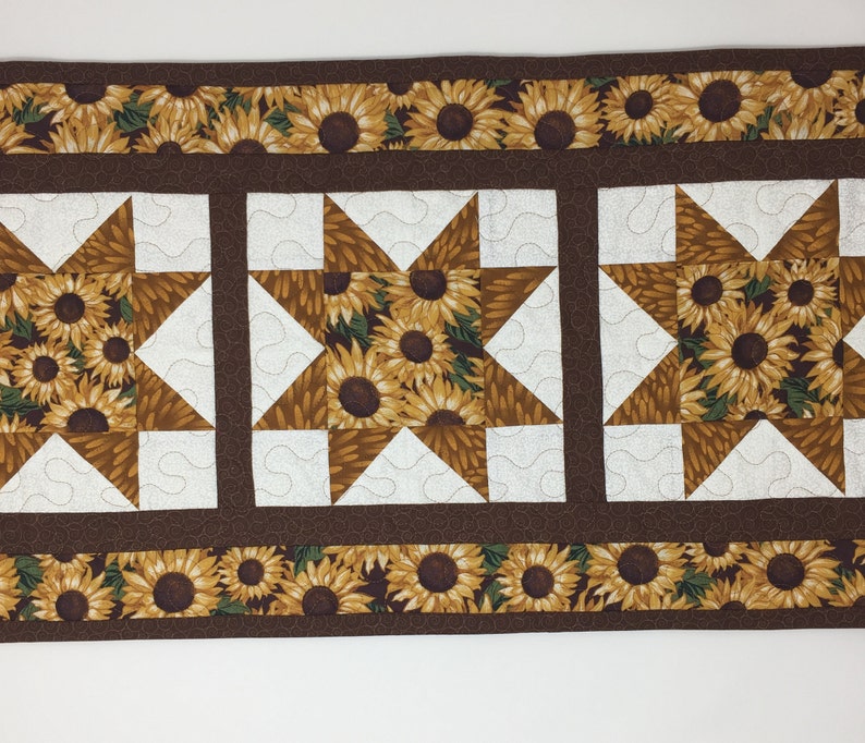 Leaves Tan Brown Handmade Sawtooth Green Fall Autumn Quilt Sunflowers Sunflower Table Runner Quilt White Yellow
