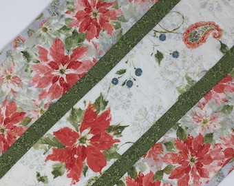 Christmas Winter Table Runner Quilt, White, Red, Pink, Green, Poinsettia, Handmade