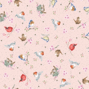 May include: A pink background with a repeating pattern of various birds, including robins, bluebirds, cardinals, and sparrows. The birds are perched on branches, in nests, and flying. There are also small pink flowers and white dots throughout the pattern.