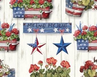 Patriotic Fabric Yardage, Americana, stars, geraniums, flower box, Susan Winget Collection