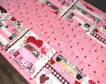 Valentine Table Runner Quilt, Hearts, Pink, Red, Tulips, Handmade Quilt