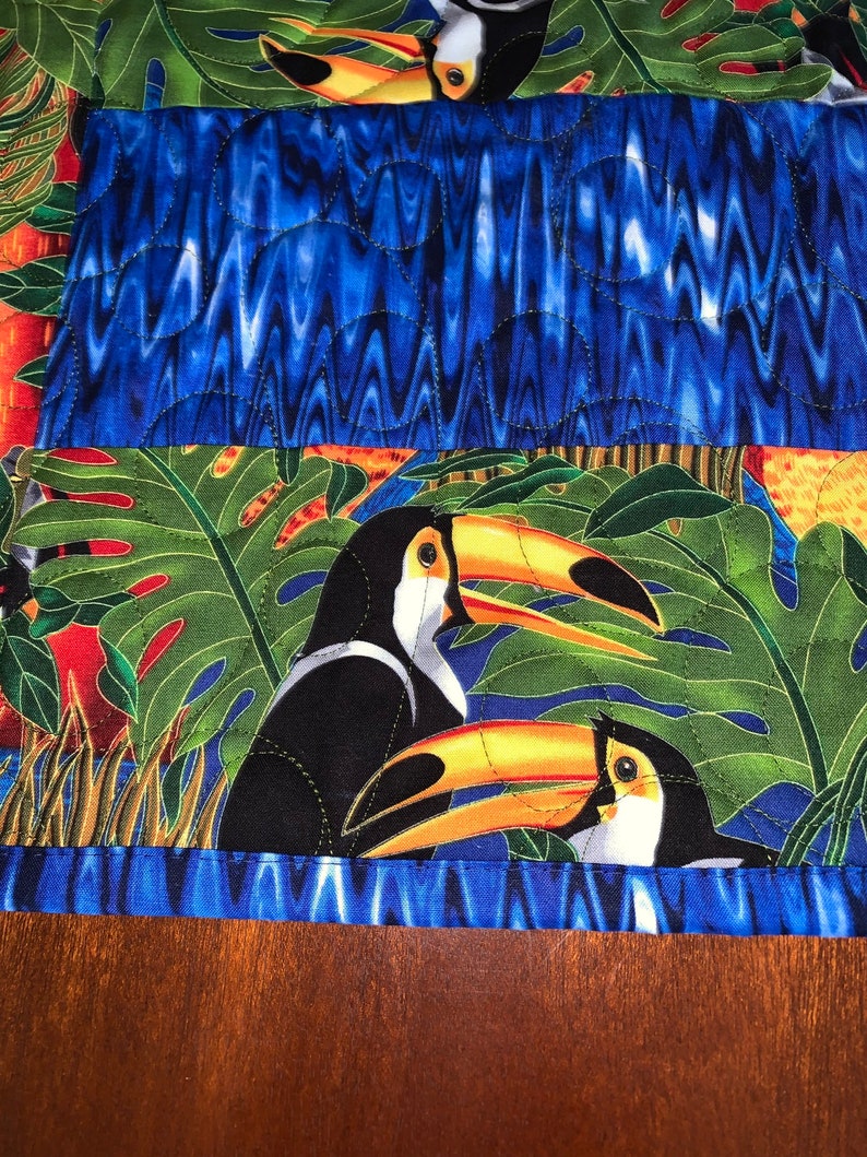 Exotic Birds Table Runner Quilt Handmade Toucan Blue Parrots