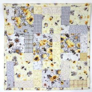 Floral Table Topper Quilt, Yellow, Gray, Flowers, Handmade