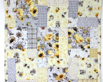 Floral Table Topper Quilt, Yellow, Gray, Flowers, Handmade