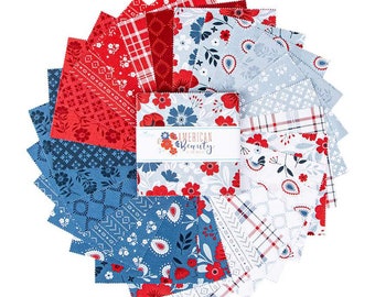 American Beauty Fabric Squares, Red, White, Blue, Leaves, 5 inch Stacker, Charm Pack, Riley Blake, 5 inches, 42 squares, 5-14440-42