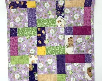 Floral Table Topper Quilt, Purple, Lavender, Green, White, Daisies, Bees, Handmade