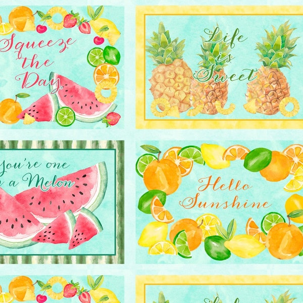 Summer Placemats Fabric Panel, Squeeze the Day, Fruit Decor, Blue, Yellow, Red