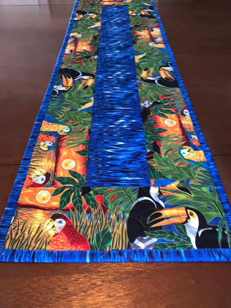 Exotic Birds Table Runner Quilt Handmade Toucan Blue Parrots