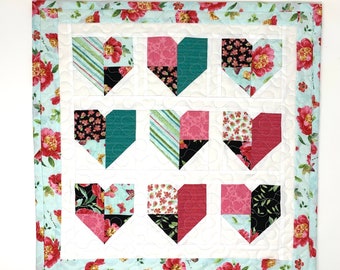 Hearts Table Runner, Table Topper, Wall Hanging Quilt, Pink, Teal, Handmade Table Runner Quilt