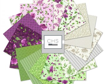 Purple, Pink, Green, Camille Charm Pack, Flowerhouse Collection, 42 Fabric Squares Total, Robert Kaufman, CHS1206-42