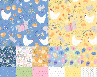 Spring Easter precut, Blue, Yellow, Sweet Spring, P & B Textiles, 10 inch squares, Bunnies, Chickens, 42 Pieces Total, Layer Cake, Stacker