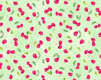 Red Cherries Yardage, Green, Squeeze the Day, Wilmington Prints