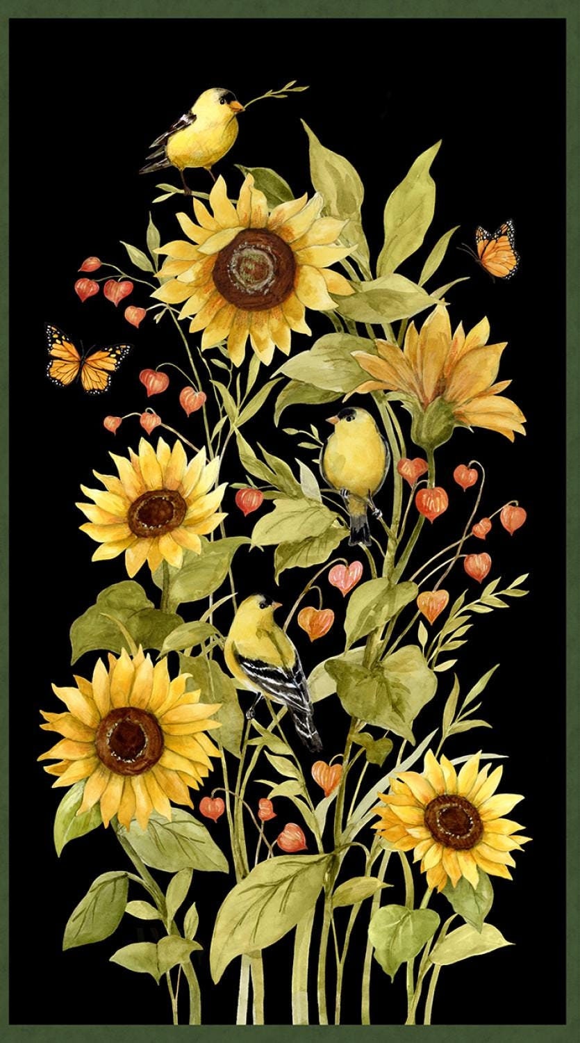 Sunflower Splendor Fabric Panel, Fall Autumn, Sunflowers, Butterfly, Wilmington Prints