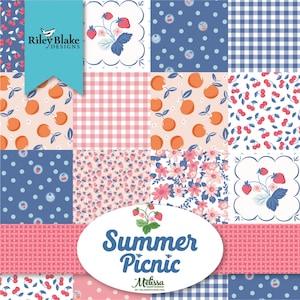 Floral Fabric Strips, Strawberries, Cherries, Gingham, Pink, Blue, Green, 2.5 inch strips, 40 Strips Total, Riley Blake