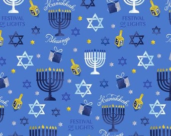 Hanukkah Blessings Blue Yardage, Menorah, Dreidal