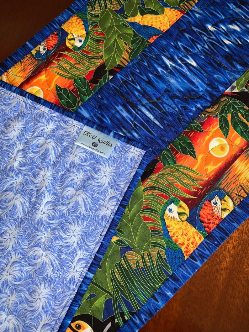 Exotic Birds Table Runner Quilt Handmade Toucan Blue Parrots