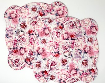 Shabby Chic Pink Rose Place Mats - Scalloped Handmade Set
