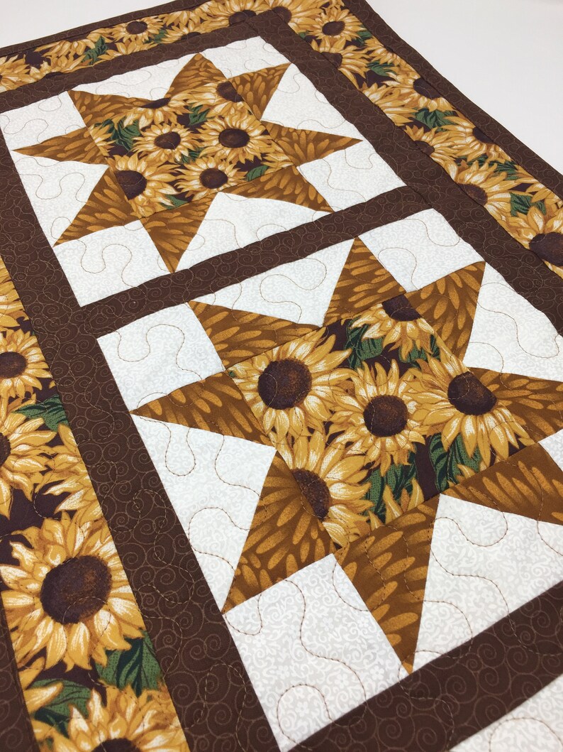 Leaves Tan Brown Handmade Sawtooth Green Fall Autumn Quilt Sunflowers Sunflower Table Runner Quilt White Yellow