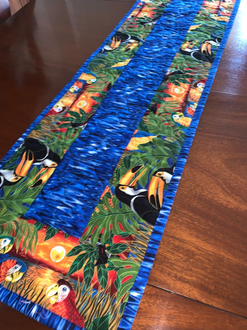 Exotic Birds Table Runner Quilt Handmade Toucan Blue Parrots