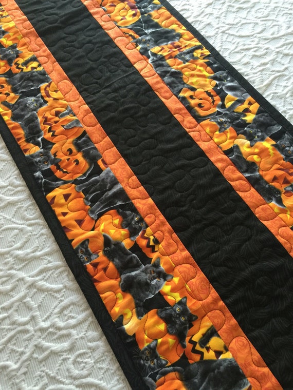 Halloween Table Runner Quilt Black Orange Cats Etsy