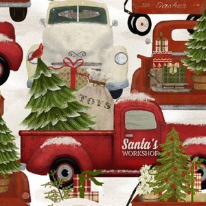 May include: A red vintage pickup truck with a white "Santa's Workshop" sign on the side is filled with a large burlap sack of toys, a Christmas tree, and a smaller Christmas tree in the bed of the truck. The truck is surrounded by other Christmas-themed elements, including a white vintage truck, a red wagon, and a Christmas tree.
