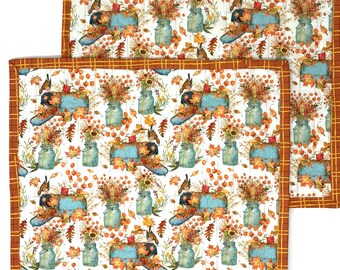 Fall Autumn Placemats, Bird on Mailbox, Plaid, Set of 2, Handmade