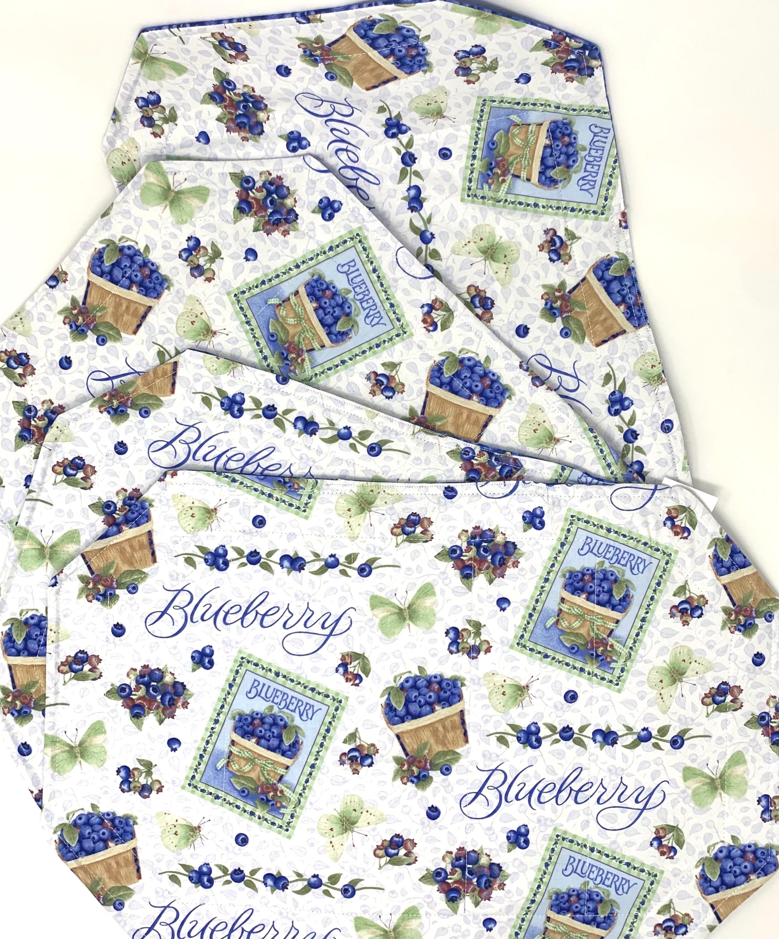 Blueberry Placemat Set, Quilted Place Mats, Octagon Shape, Blue, White