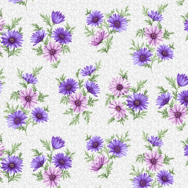 Purple Lavender Flowers, Miss Marguerite, Benartex, Cotton Fabric Yardage, Pearl Grey Multi Bouquet Pearlized